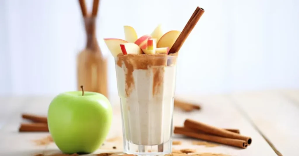 A creamy apple cinnamon protein smoothie in a glass, topped with a sprinkle of cinnamon and a fresh apple slice.