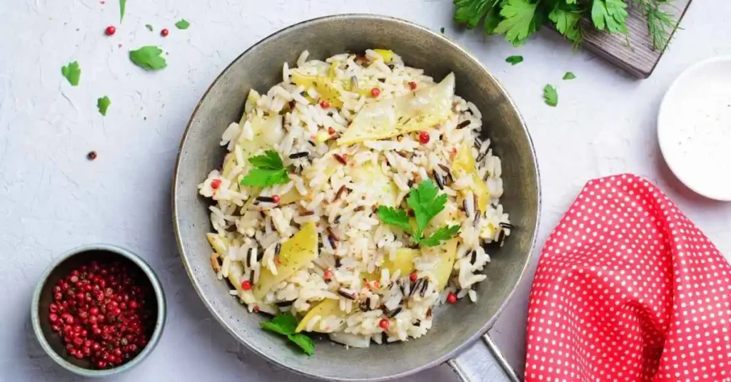 Close-up of vegetarian fried rice garnished with green onions