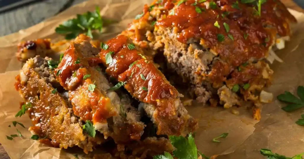 Classic easy meatloaf recipe on a cutting board with ketchup glaze.