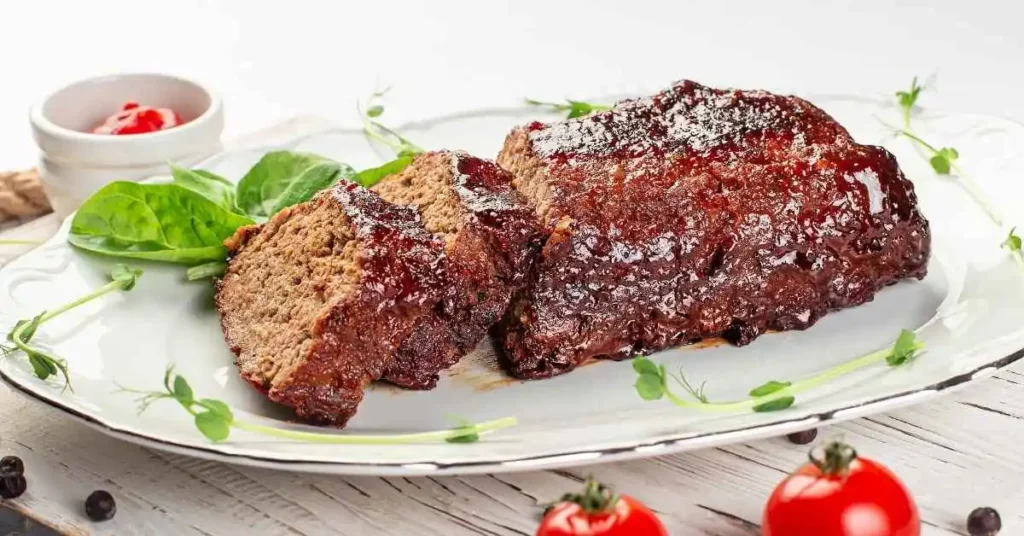 Easy meatloaf recipe with sliced portions.