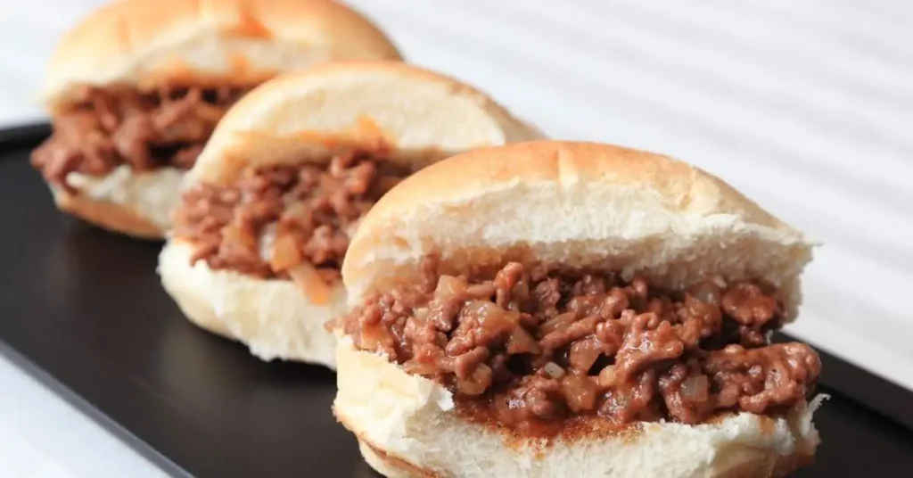 Sloppy Joes with a savory meat filling on fresh burger buns.