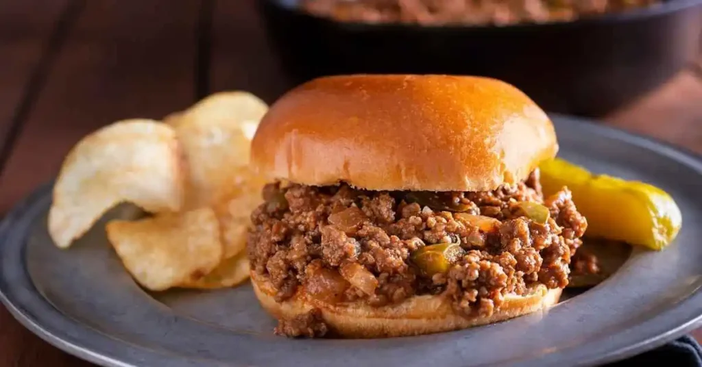 Sloppy Joes on a toasted bun with savory beef filling and a side of fries.