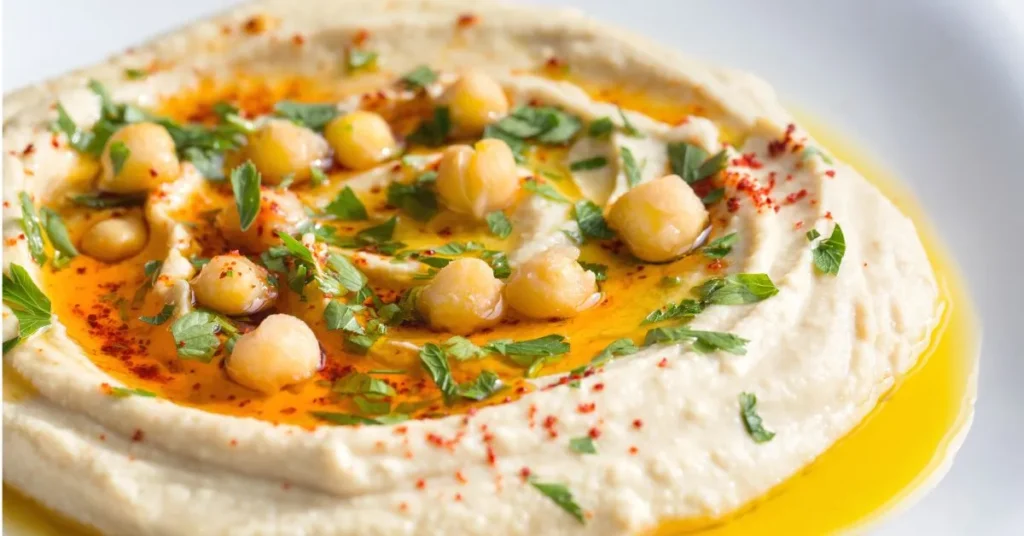 A bowl of smooth, creamy hummus topped with olive oil, paprika, and fresh herbs, served with pita and vegetables.