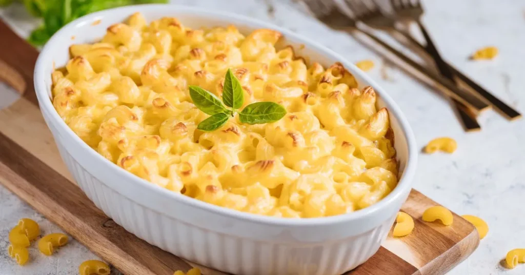 Buffalo mac and cheese served in a cast-iron skillet, topped with melted cheese and garnished with fresh parsley.