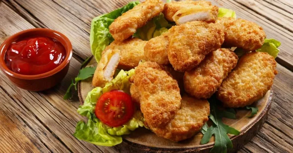 Homemade chicken nuggets on a wooden board with dipping sauce and a parsley garnish.