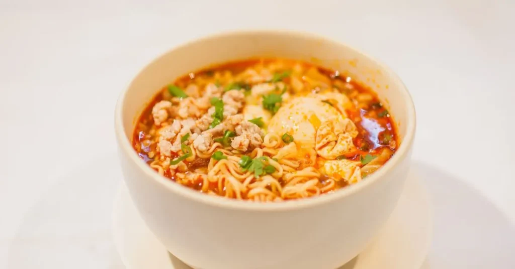 Chickpea noodle soup with carrots, celery, and pasta in a light, savory broth.