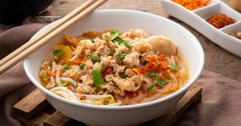 A comforting bowl of chickpea noodle soup filled with vegetables, pasta, and fresh herbs.