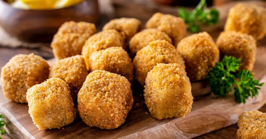 Golden corn nuggets with a crispy exterior and tender, sweet corn inside, served with dipping sauce.