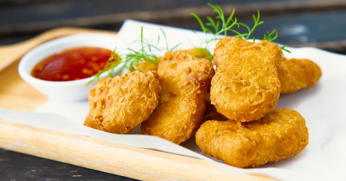 Golden, crispy corn nuggets served on a plate with a dipping sauce.