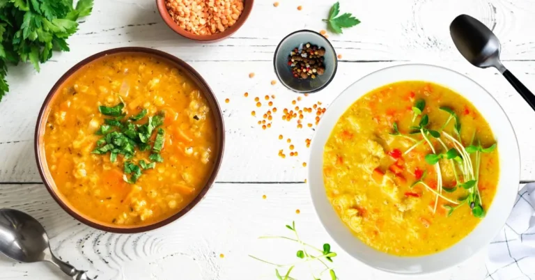 A steaming bowl of hearty lentil soup garnished with fresh herbs, served with a slice of bread.