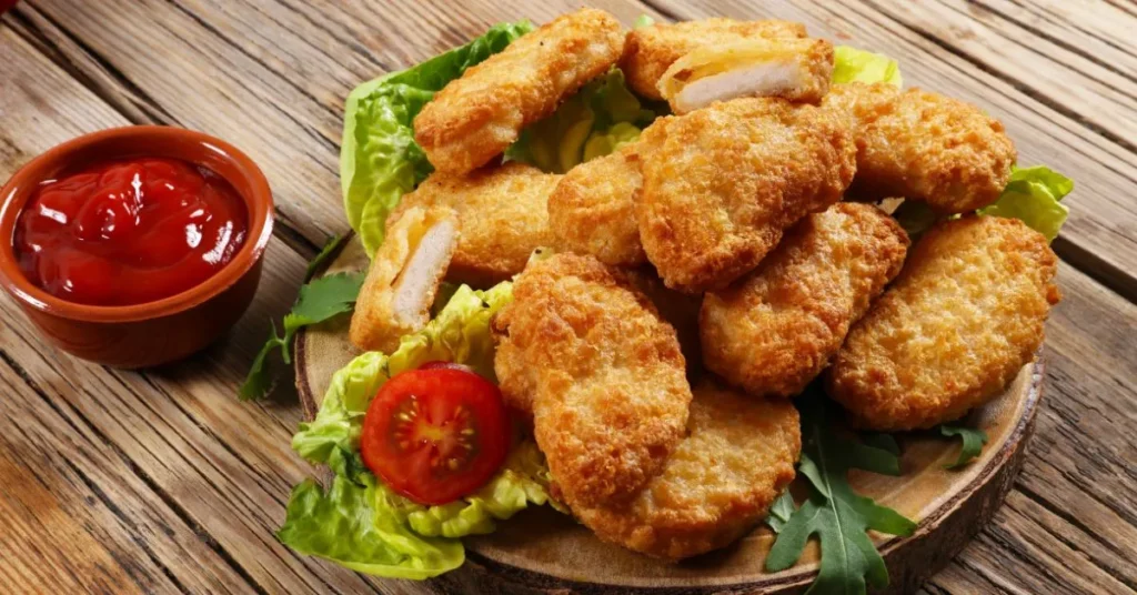 a plate of fried chicken nuggets and lettuce