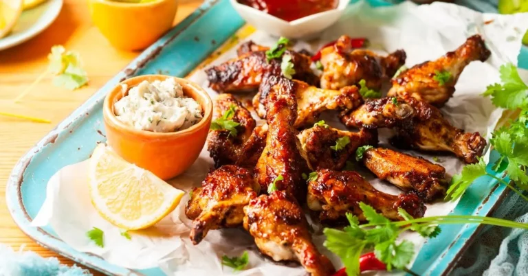 Golden brown lemon pepper chicken wings garnished with fresh lemon slices.