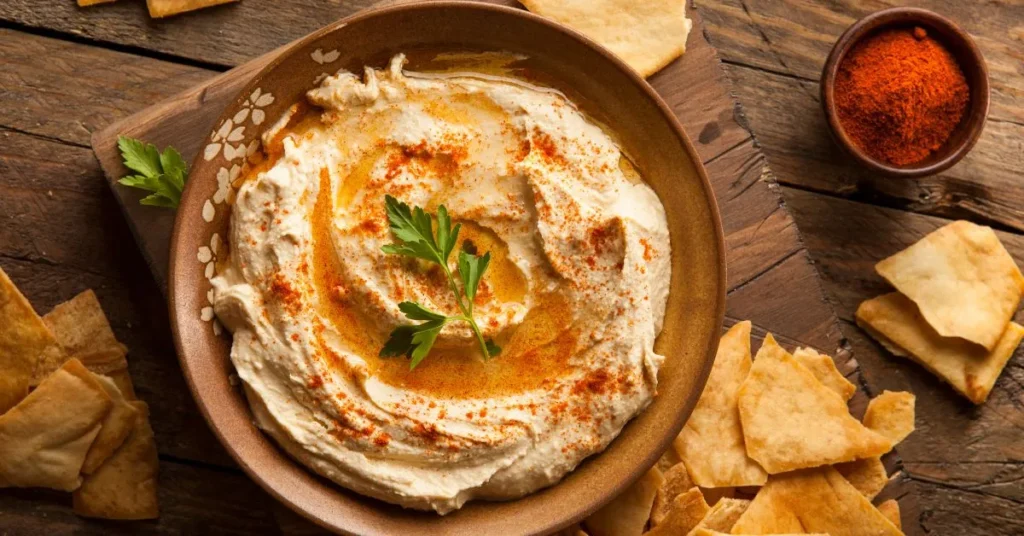 A homemade bowl of hummus surrounded by fresh ingredients like chickpeas, olive oil, and garlic, highlighting its natural freshness.