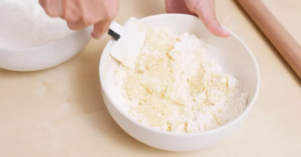 Mixing cake mix, eggs, and butter in a bowl to prepare cookie dough.