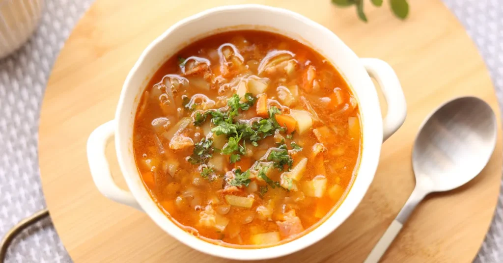 A bowl of Sopa de Pollo with shredded chicken, vegetables, and a rich, golden broth, garnished with fresh herbs.