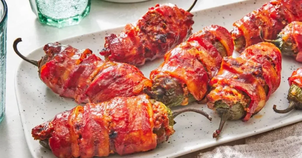 A plate of crispy, bacon-wrapped jalapeño poppers stuffed with brisket and melted cheese.